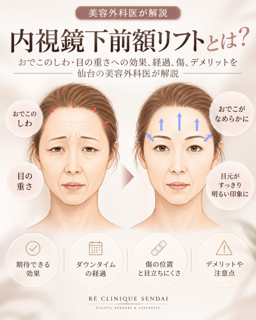 内視鏡前額リフトとは？おでこのしわ・目の重さへの効果、経過、傷、デメリットを仙台の美容外科医が解説